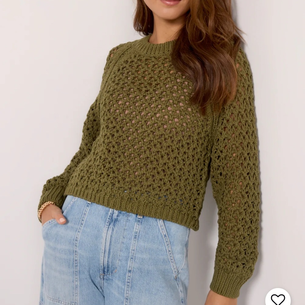 Evereve Olive Green Open Knit Crewneck Sweater